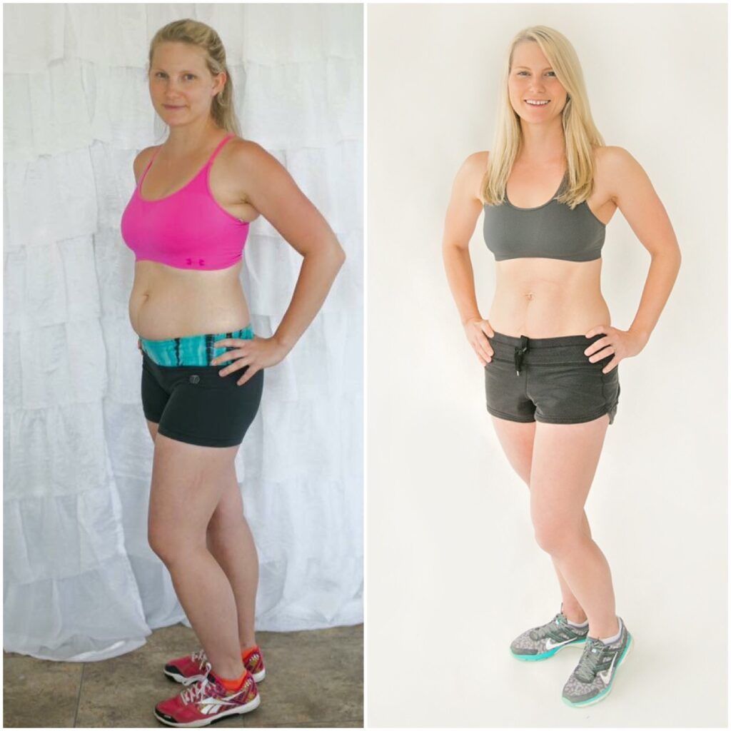 On left: slender blonde woman with small stomach pouch from having a baby six weeks previously, wearing bra-like hot pink crop top, black spandex shorts with tie-dye teal, black, and white band at top of shorts, orange socklets, and red athletic shoes with white shoelaces and designs  on sides. One right:  same woman with smaller belly six months after the birth of her child, wearing gray bra-like crop top, black shorts with black tie at top, white socklets, and gray and black athletic shoes with white design on side.